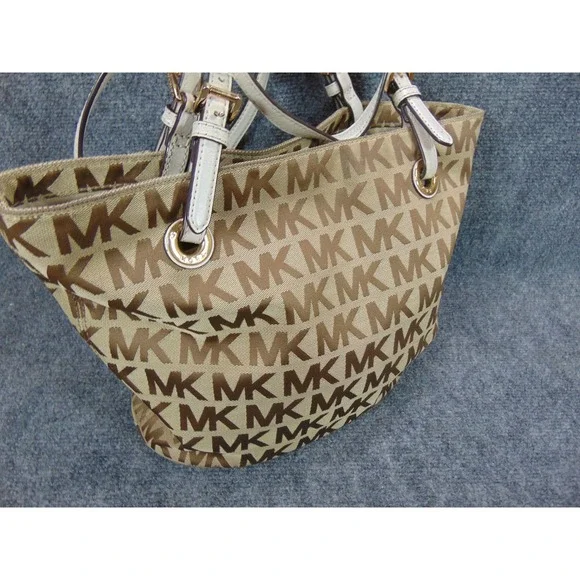 Michael Kors Tote Bag Jet Set MK Signature Logo Beige Brown Leather Trim - Picture 1 of 16
